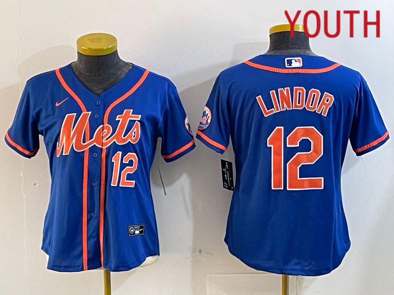 Youth New York Mets #12 Lindor Blue Game 2024 Nike MLB Jersey style 1218